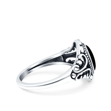 Petite Dainty Vintage Style Oval Ring Solid Simulated Black Onyx 925 Sterling Silver